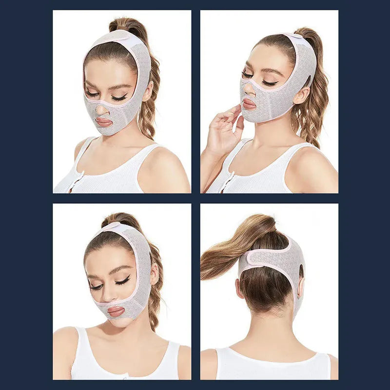 Mujer usando una banda de elevación facial plateada para contorno de mandíbula en varios ángulos.