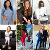 A set of women's thermal underwear in various shades of gray and blue, including long-sleeved tops and pants.