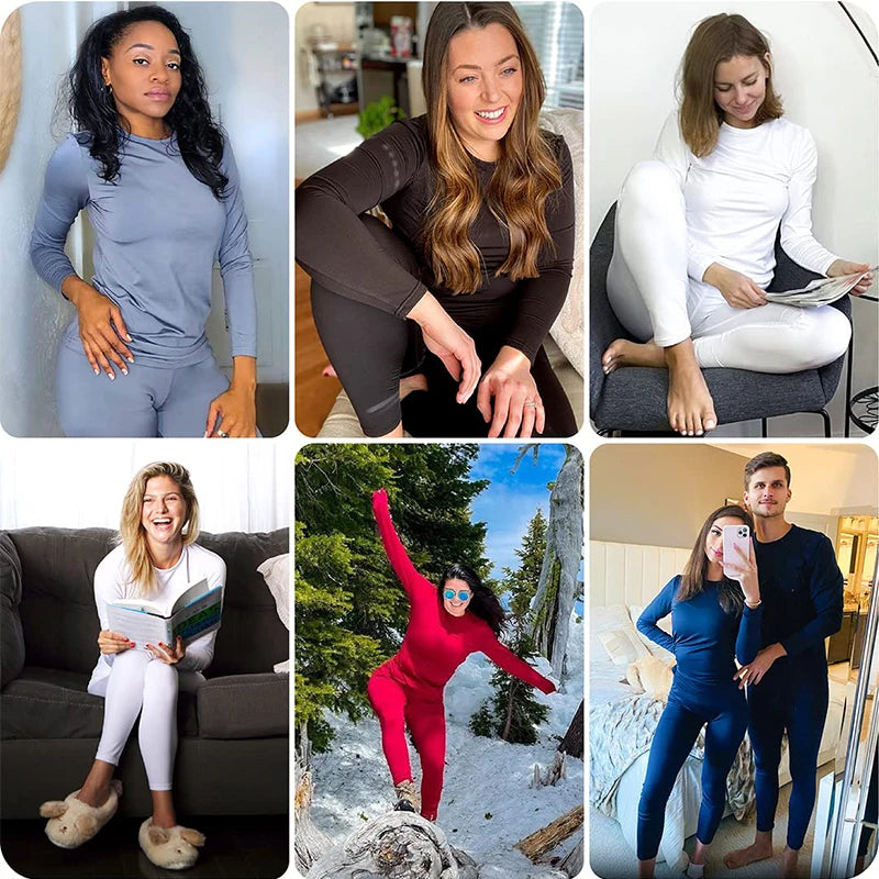 A set of women's thermal underwear in various shades of gray and blue, including long-sleeved tops and pants.