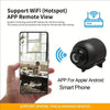 A hand holds a smartphone displaying a live feed from a mini WiFi security camera, demonstrating remote viewing capability.