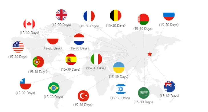 A map of the world showing various countries with timeframes for travel duration.