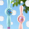 A pink and blue bubble wand with LED lights is shown against a bright green background.