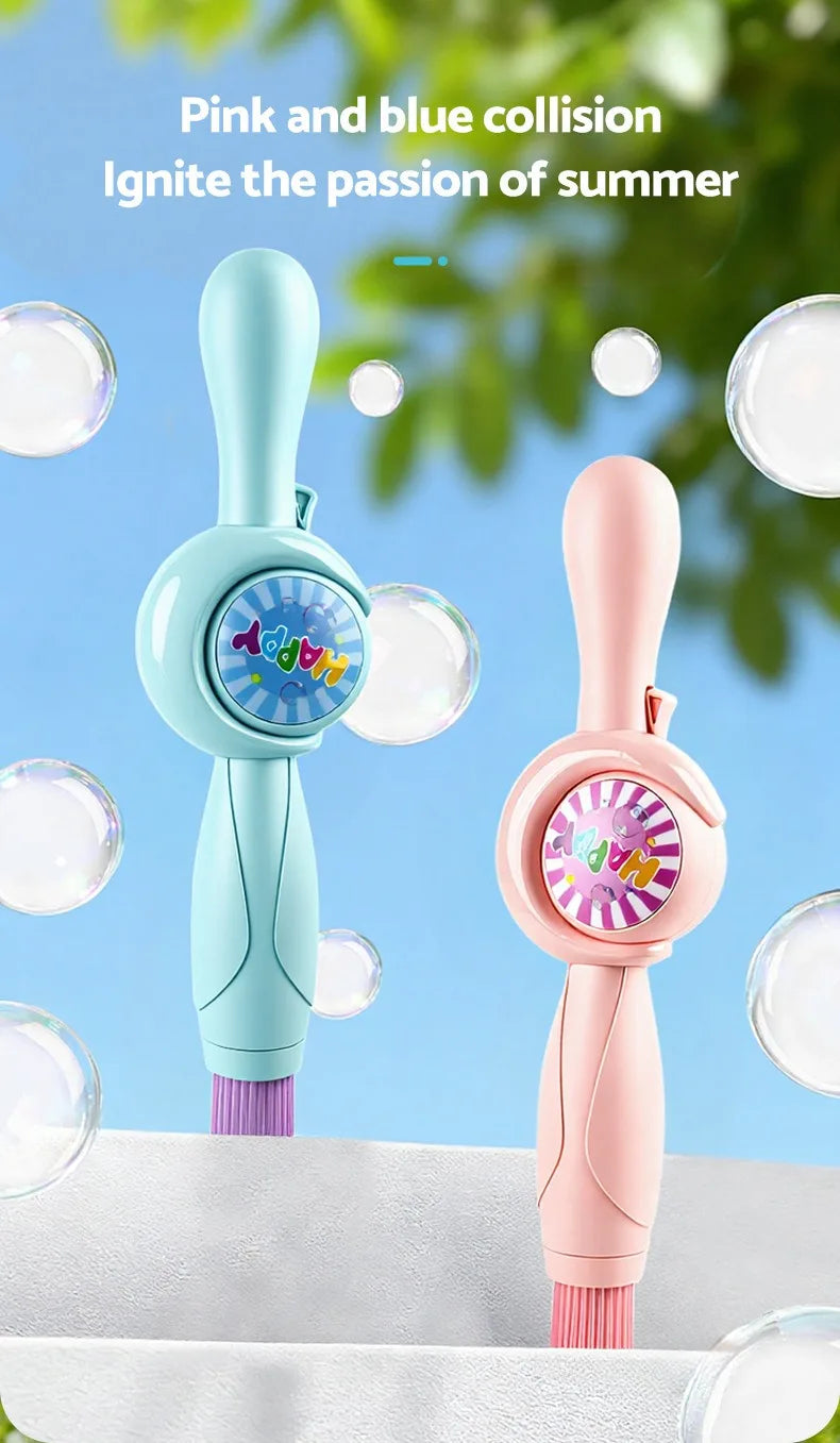 A pink and blue bubble wand with LED lights is shown against a bright green background.