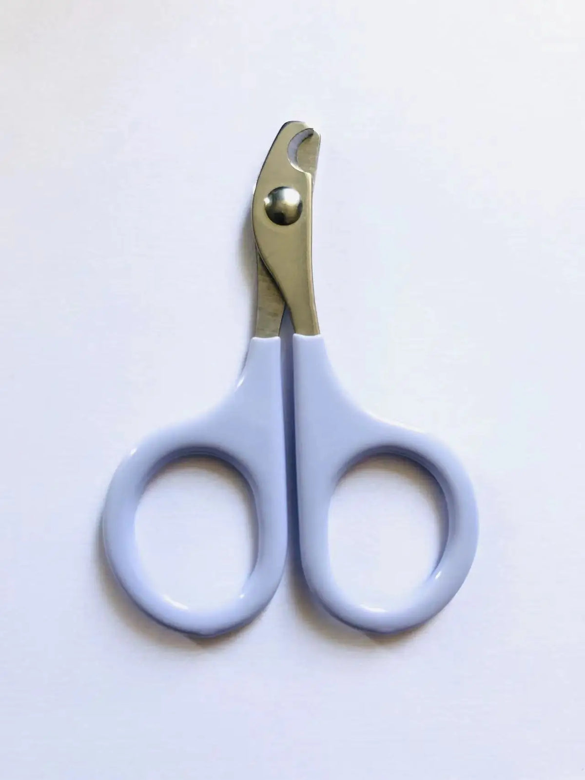 A pair of light blue and silver stainless steel pet nail clippers with a non-slip grip.