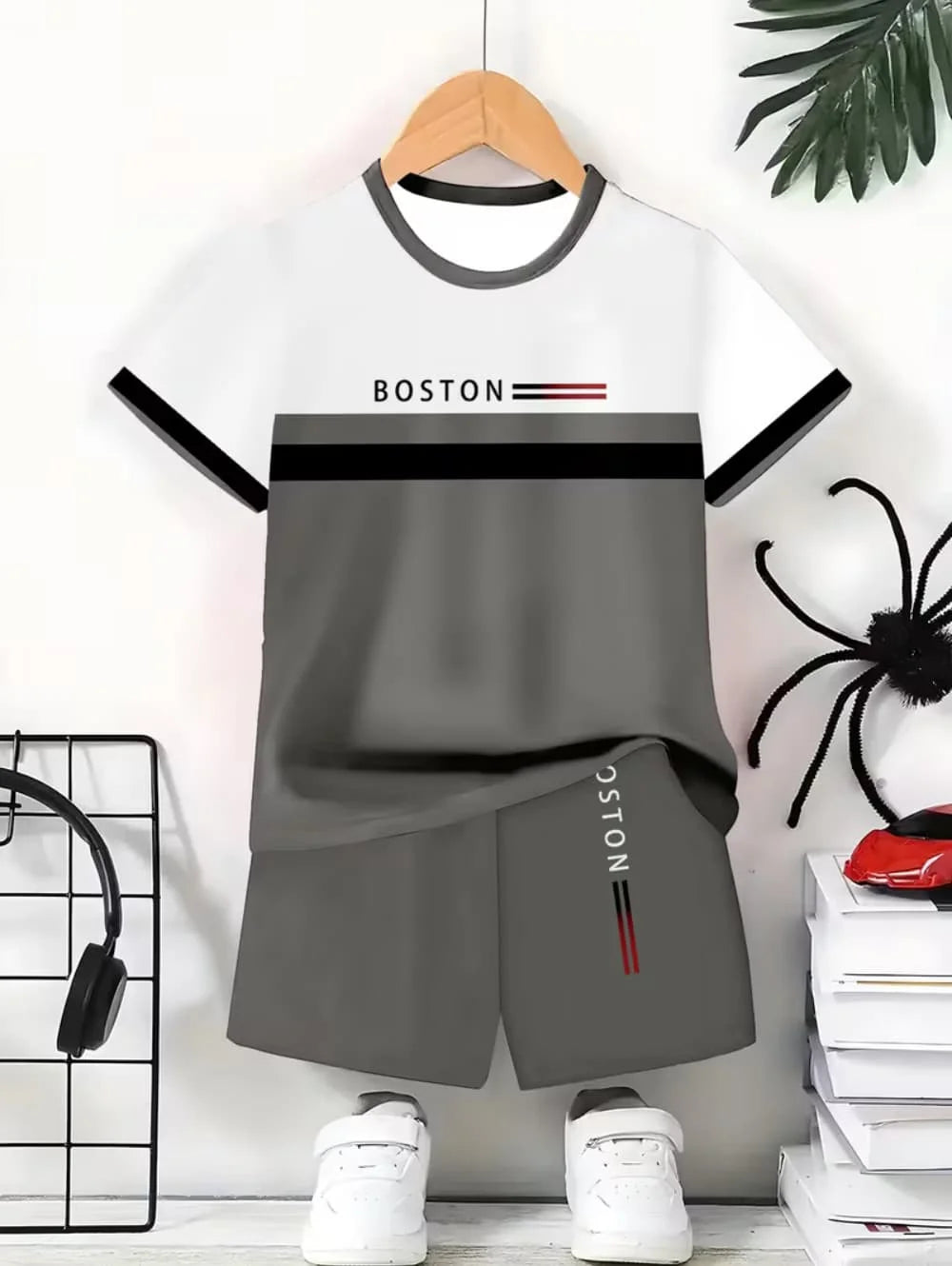 A white t-shirt and matching gray shorts set featuring the word Boston on the shirt.