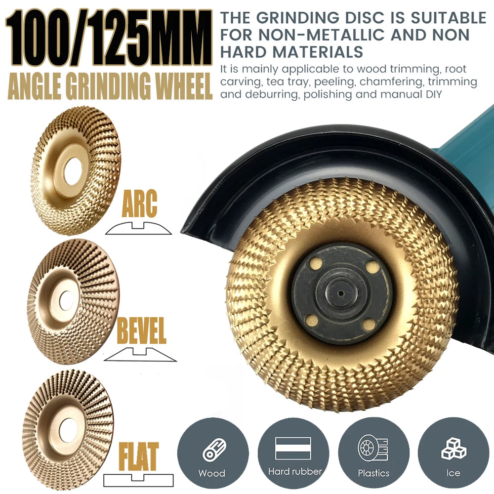 Three grinding discs—arc, bevel, and flat—for non-metallic materials like wood and plastics.