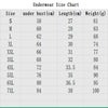 Underwear size chart showing sizes S through 7XL with corresponding under bust, length, and weight measurements.