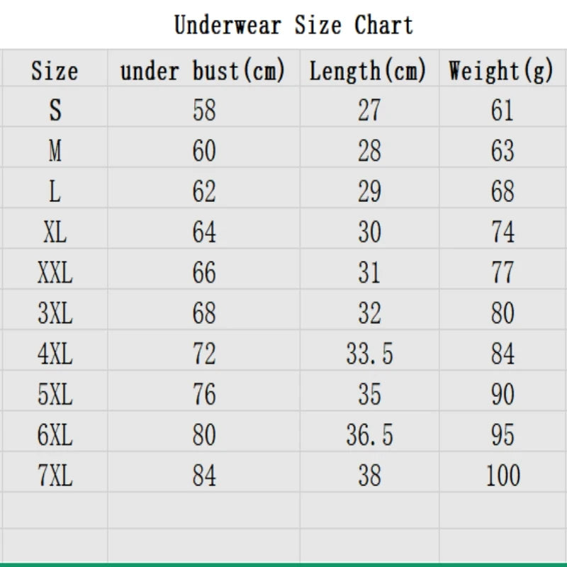 Underwear size chart showing sizes S through 7XL with corresponding under bust, length, and weight measurements.