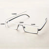 A pair of clear half-rim reading glasses shown with dimension lines on a white background.