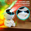 A white astronaut projector night light with built-in magnetism casting a light beam onto a white toilet bowl.