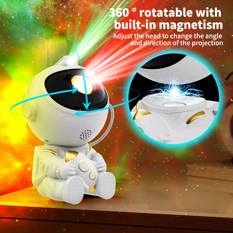 A white astronaut projector night light with built-in magnetism casting a light beam onto a white toilet bowl.
