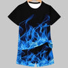 Black t-shirt and shorts set featuring a bright blue flame graphic print
