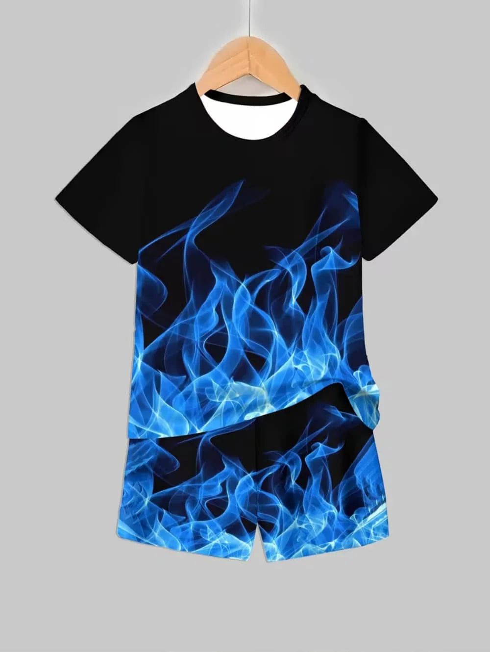 Black t-shirt and shorts set featuring a bright blue flame graphic print