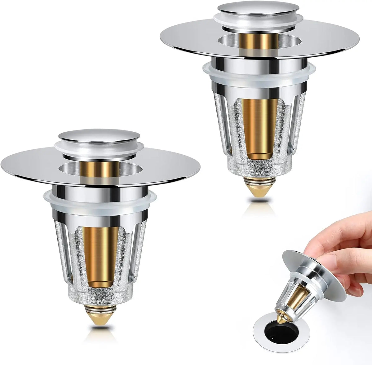 A silver push-type drain stopper with a metallic cap and a small rubber seal shown in various views.