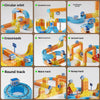 A set of magnetic train building blocks with gravity maze tracks in various colors and configurations.
