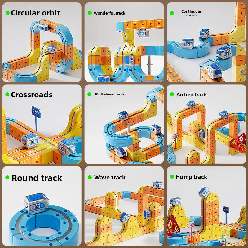A set of magnetic train building blocks with gravity maze tracks in various colors and configurations.