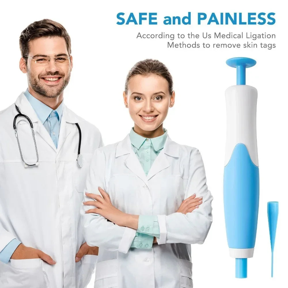 A doctor and a patient demonstrate the use of a 2-in-1 painless skin tag removal kit for medical procedures.