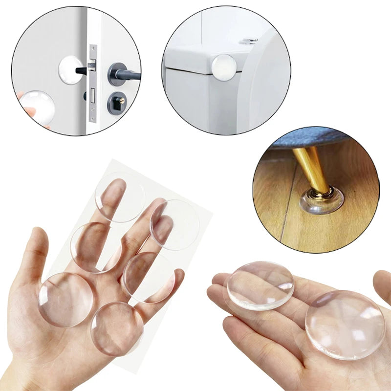 Clear self-adhesive silicone door stopper bumpers shown in various angles and usage examples.