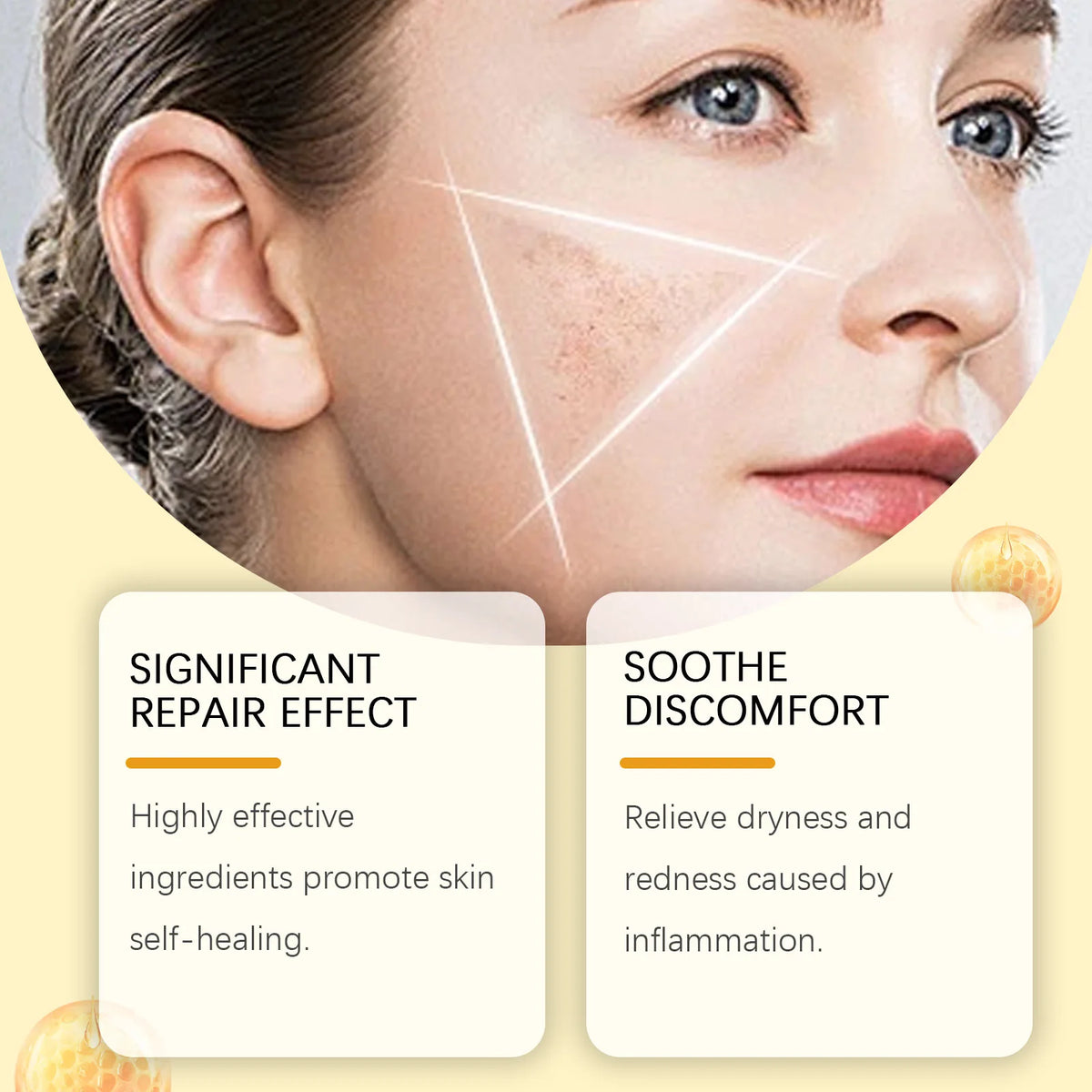 Close-up of a woman's face showing a triangle pattern indicating skin repair effect for Bee Venom Skin Renewal Face Cream