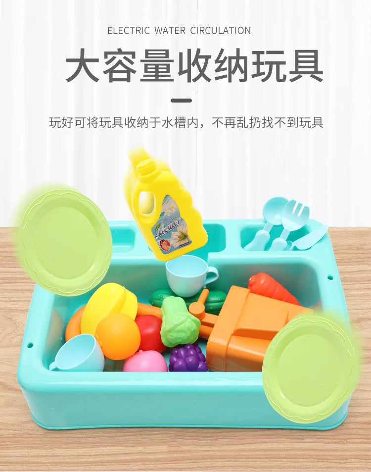 A set of plastic kitchen sink toys for children with an electric water circulation feature in a blue tray.