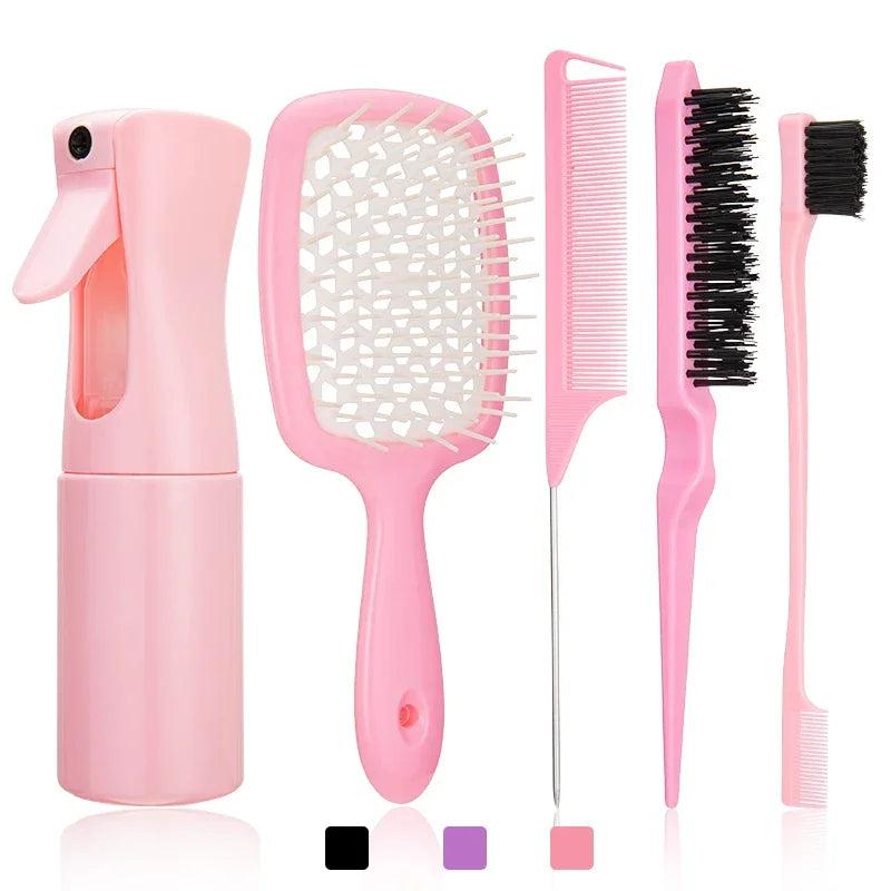 Set de peines profesionales rosas para desenredar y peinar: peine de dientes anchos, peine de dientes finos y cepillo de pale