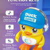 A yellow duck toy with headphones that can dance with light and music.