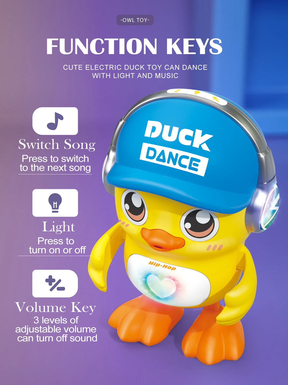A yellow duck toy with headphones that can dance with light and music.