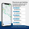 A smartphone screen displays a pay-as-you-go tracking plan with monthly pricing options for a 2-year plan.