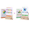 A set of wooden logic puzzle game pieces showing the difference and combination of shapes and characters.