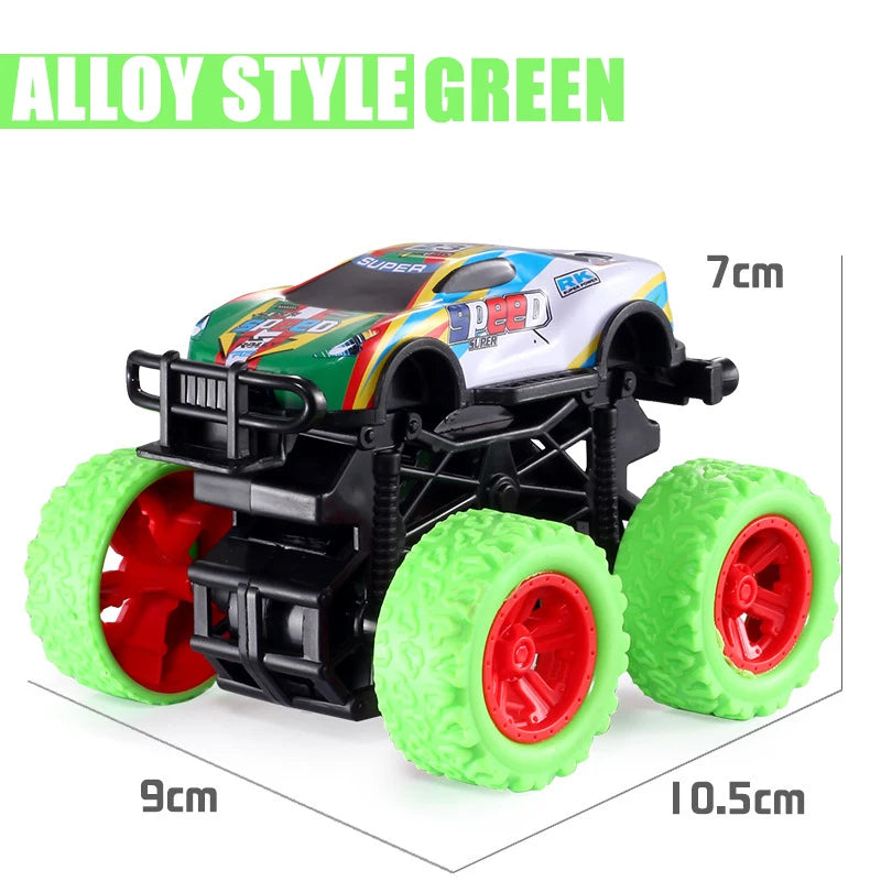 An alloy style green pull-back stunt SUV toy car with black chassis and bright lime green wheels.