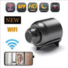 A black mini WiFi security camera is shown with various features like APP, HD 1080P, and Night Vision modes.