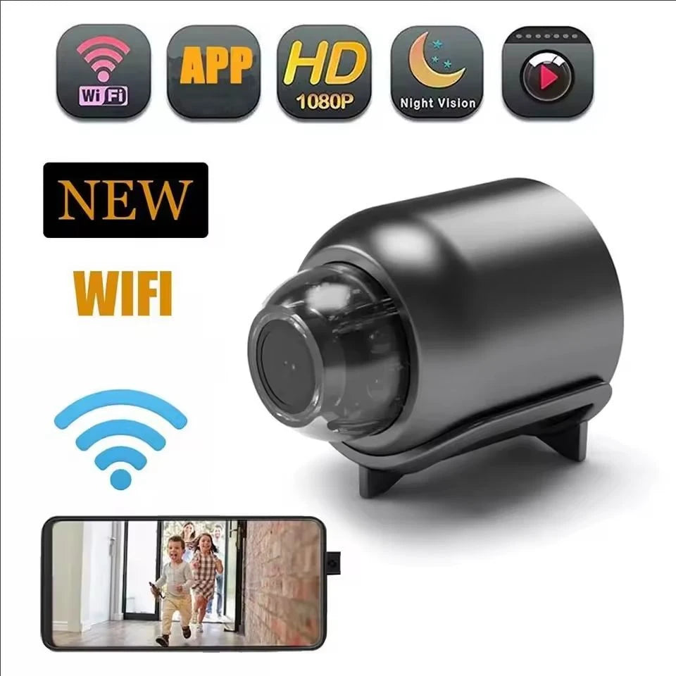 A black mini WiFi security camera is shown with various features like APP, HD 1080P, and Night Vision modes.
