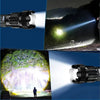 A rechargeable multi-mode LED flashlight is shown in three views, demonstrating its light beam and features.