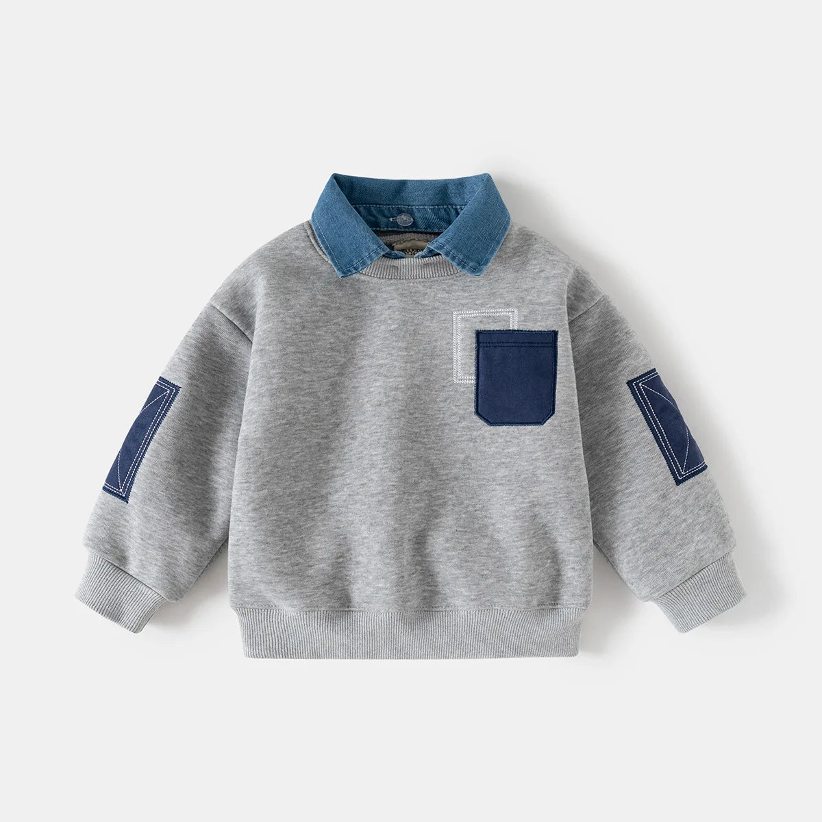 A gray fleece pullover sweatshirt with a denim collar and navy blue patch on the sleeve.