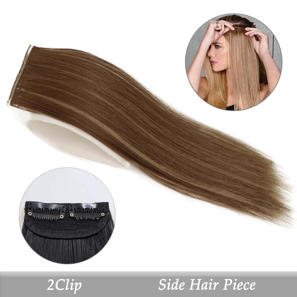 A side hair piece of brown hair shown alongside a circular view of the clip-in hair pad.