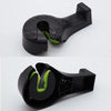 A pair of black car seat headrest hooks with green accents designed for hidden storage organization.