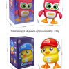 A set of musical dancing owl and duck toys with lights for kids, packaged in boxes.