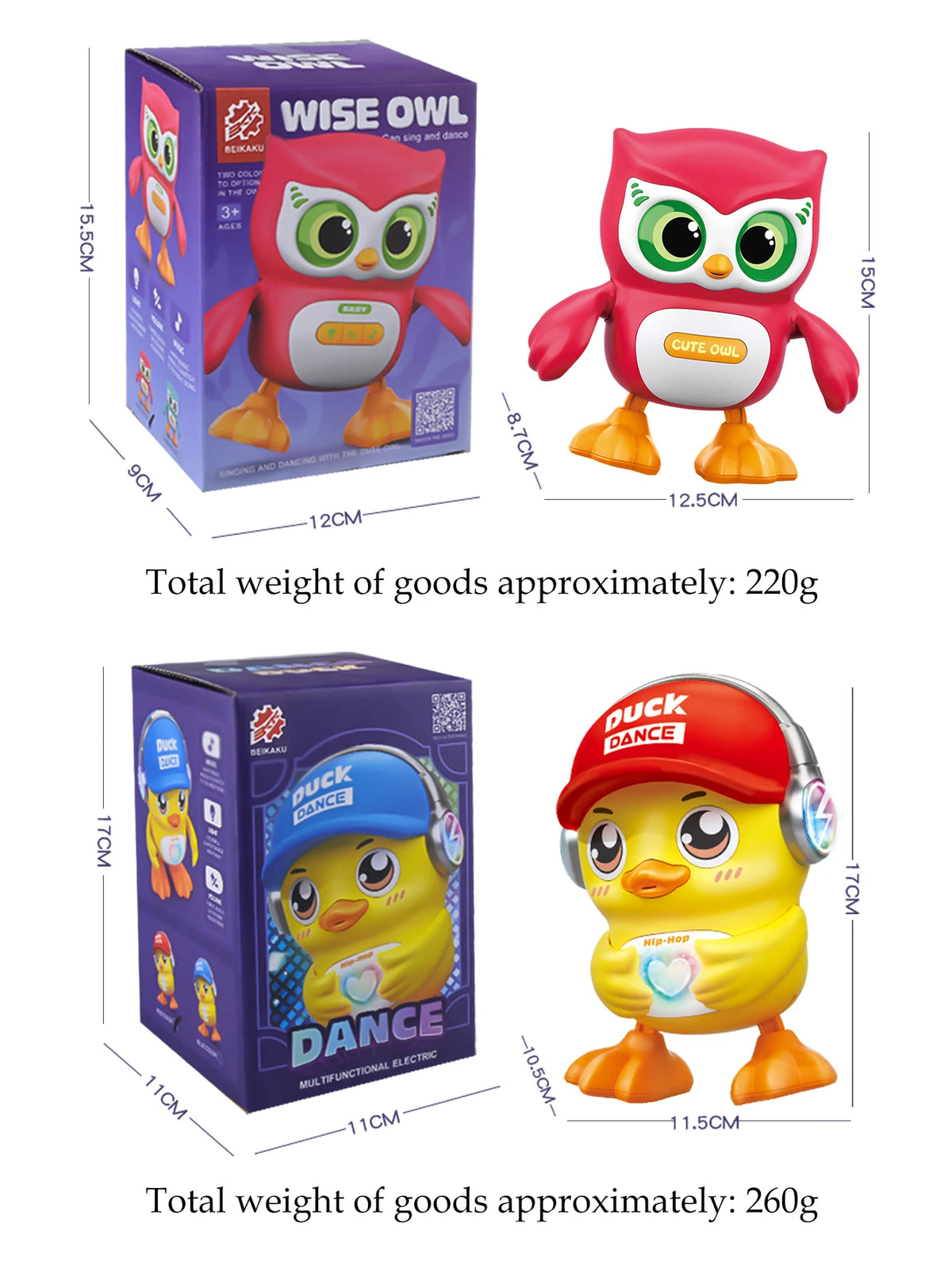 A set of musical dancing owl and duck toys with lights for kids, packaged in boxes.