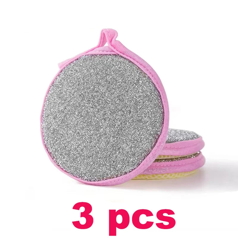 Three pink and silver double-sided non-stick dish sponges with scouring pads