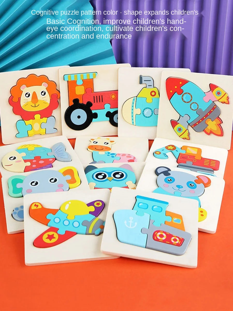A set of wooden 3D animal jigsaw puzzles featuring various colorful animals and shapes for children's cognitive development.