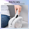 A hand is carrying a white LED light therapy neck and face massager with vibration in a zippered pouch.