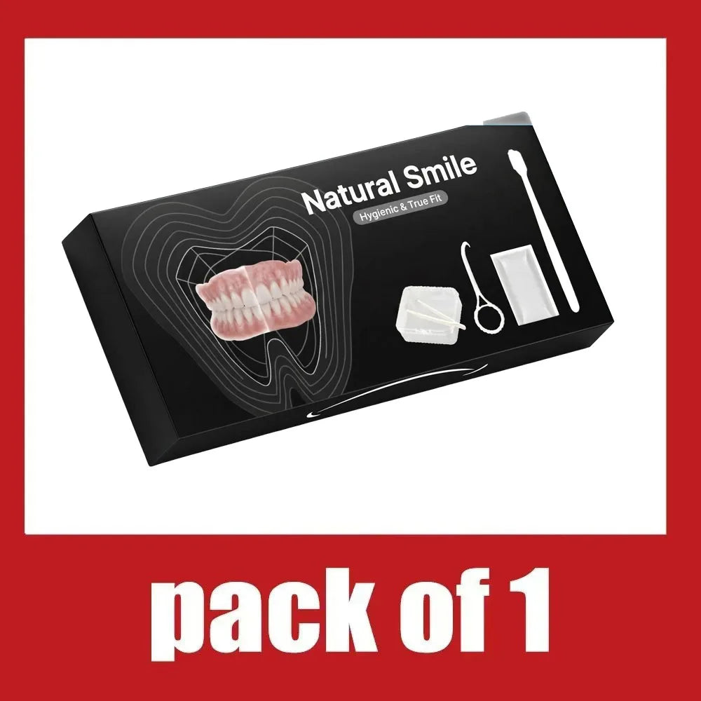 Black storage box for a natural smile complete denture care set including a toothbrush and removal hook