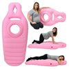 Pink inflatable maternity support pillow and yoga cushion shown in various uses.