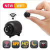 A black mini WiFi security camera is shown alongside a hand and various app icons indicating its features like HD and Night V