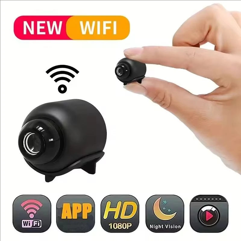 A black mini WiFi security camera is shown alongside a hand and various icons indicating its features like Wi-Fi, HD, and Nig