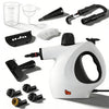 A white portable handheld steam cleaner and various cleaning attachments are displayed on a surface.