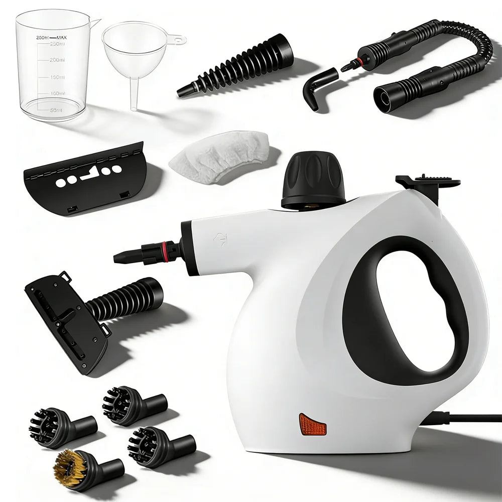 A white portable handheld steam cleaner and various cleaning attachments are displayed on a surface.
