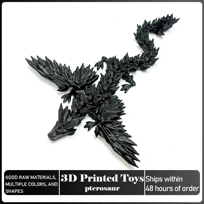 Figura articulada de pterosaurio impresa en 3D de color negro.