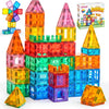 A collection of colorful magnetic building tiles in various shapes and colors forming a castle structure.