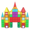 A colorful magnetic building blocks set shaped like a castle, constructed from various colored tiles.